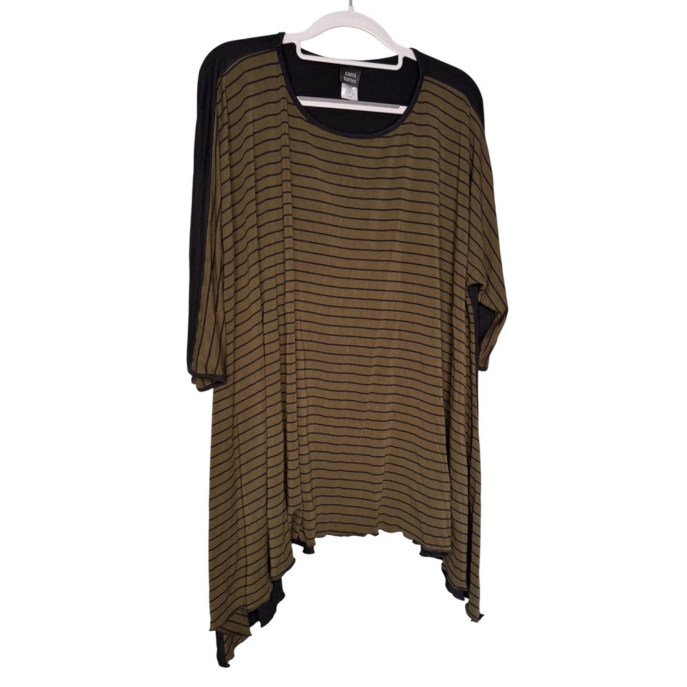 Carol Turner green and‎ black striped tunic shark bite hem blouse oversized boho